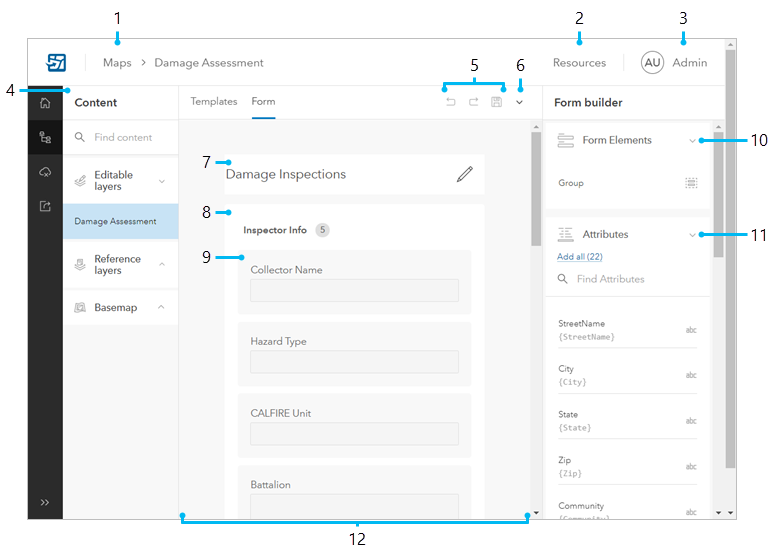 Content page showing the form builder
